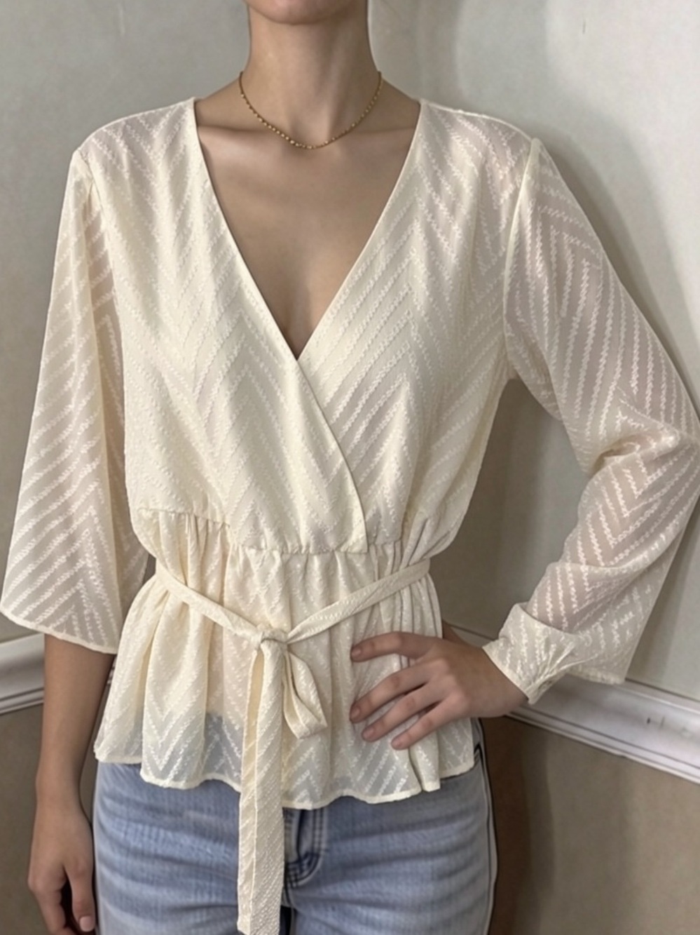💜 5 for $20! BloomChic Cream Wrap Blouse with Tie Waist